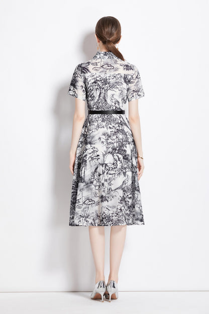 Natural Forest Waist Cinching Flared Work Shirt Dress-3