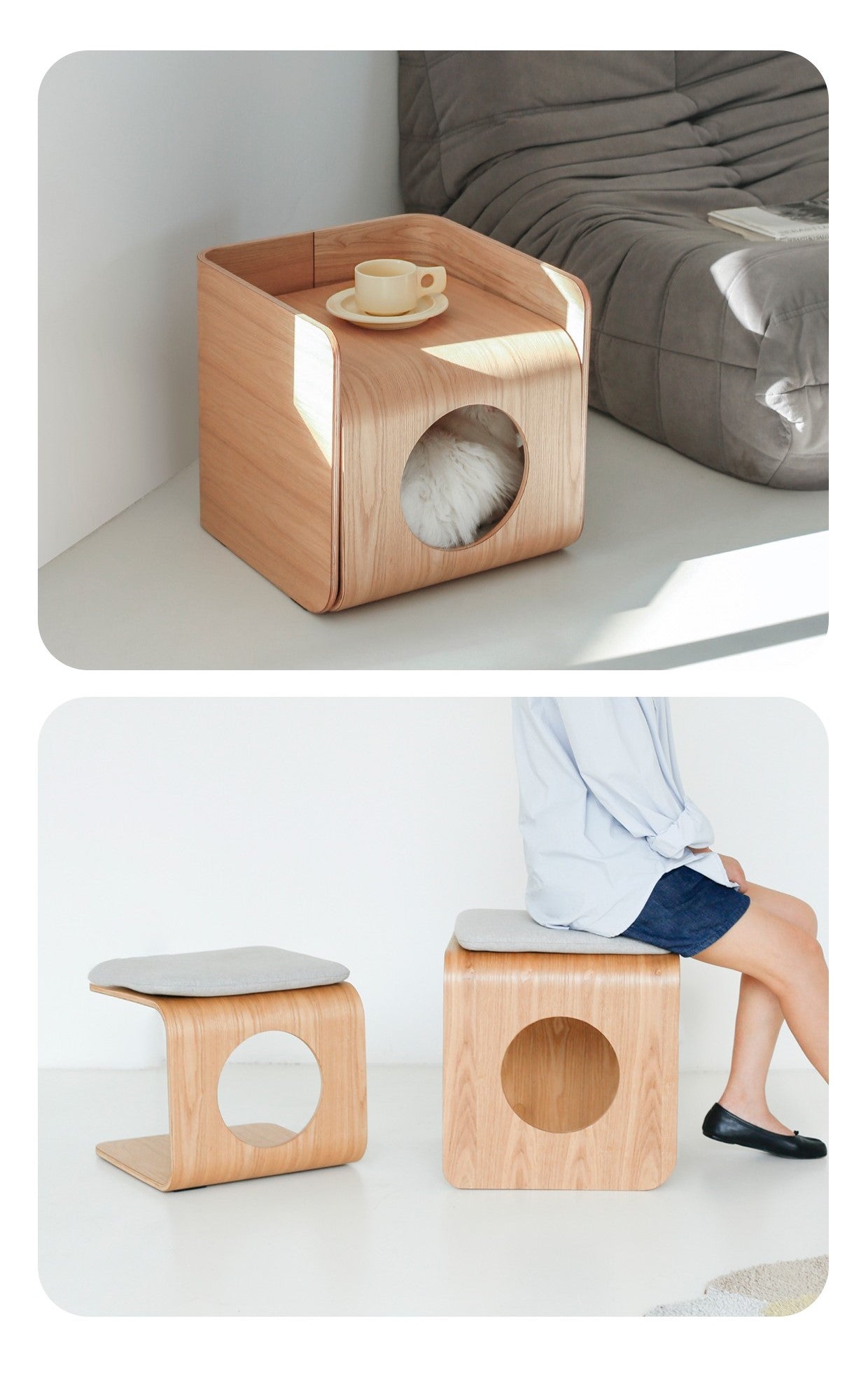 Natural Wood Cat Bed House-2