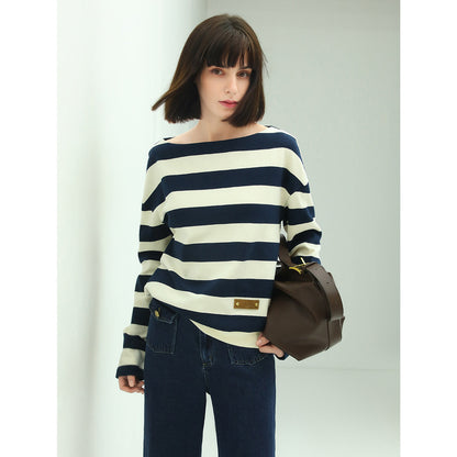Nautical Boat Neck Long Sleeved Striped Knitted Tee-2