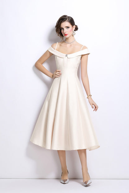 Off Shoulder Sweetheart Neckline Calf Length Dress-4