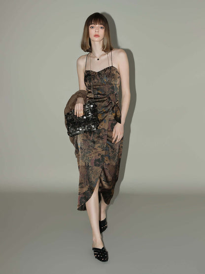 Oriental Gold Ruched Satin Print Slip Dress-1