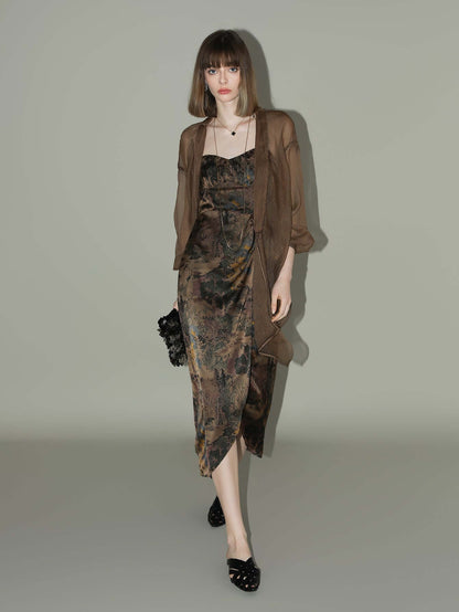 Oriental Gold Ruched Satin Print Slip Dress-2