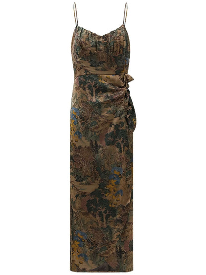 Oriental Gold Ruched Satin Print Slip Dress-3