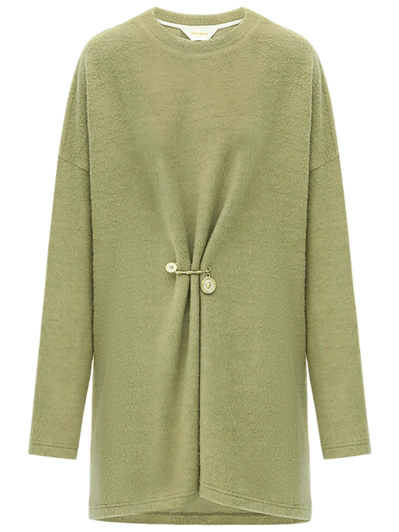 Oversized Green Fleece Knit with a Stylish Cinched Brooch Pin-3