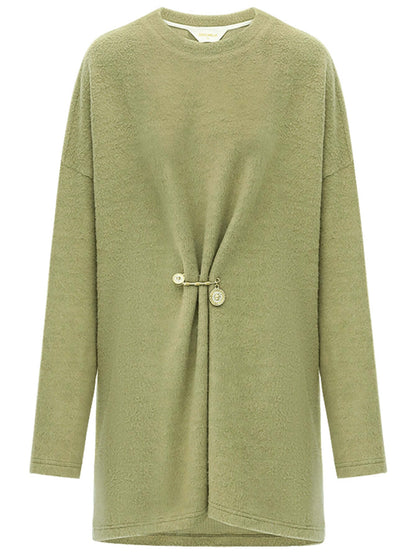 Oversized Green Fleece Knit with a Stylish Cinched Brooch Pin-3