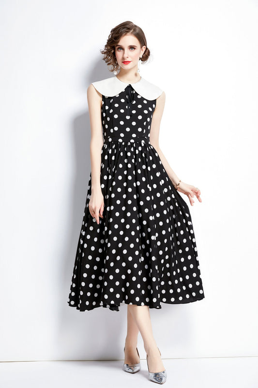 Peter Pan Collar Vintage Polka Dot Midi Dress-0