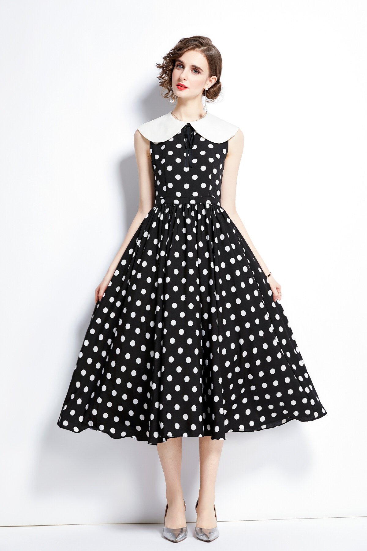 Peter Pan Collar Vintage Polka Dot Midi Dress-2