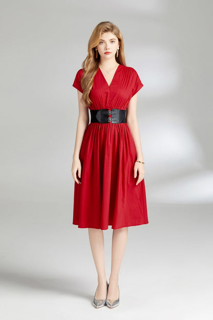 Plunging Neckline Cinched Waist Dress-4