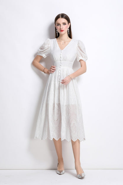 Plunging Neckline Lantern Sleeve Flowy White Maxi Dress-2