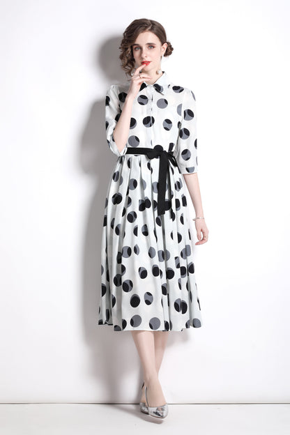 Polka Dot Tie Waist Shirt Dress-0