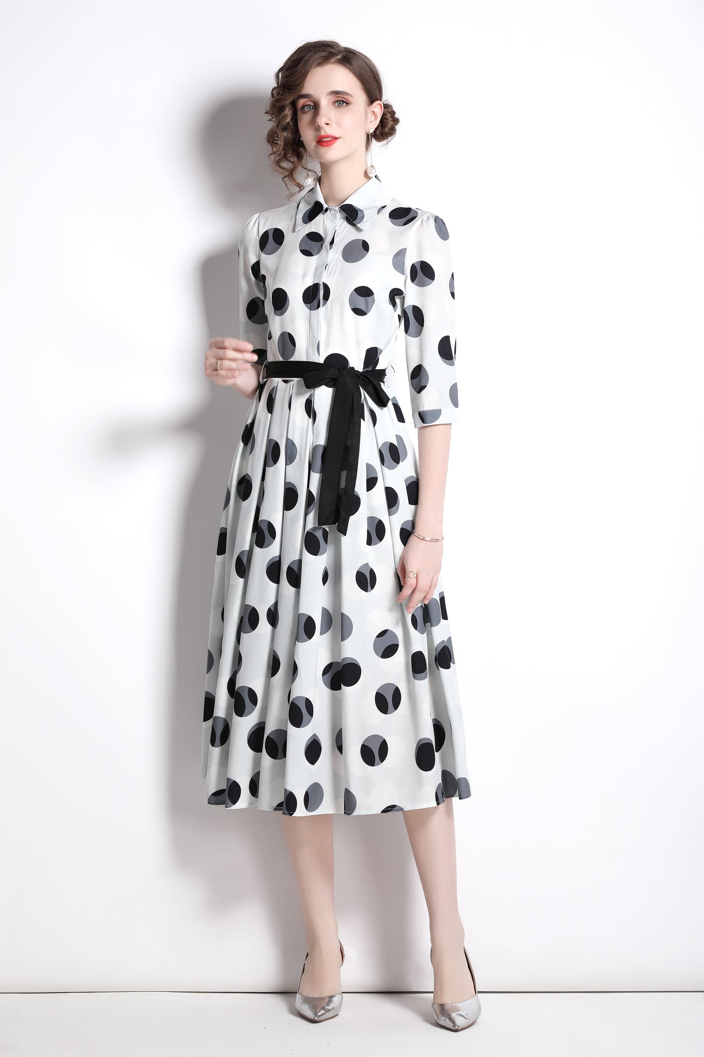 Polka Dot Tie Waist Shirt Dress-1