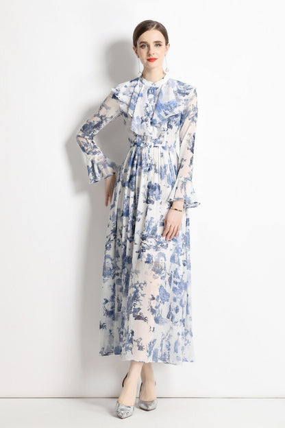 Porcelain Blue Floral Slim Fit Long Sleeve Shirt Dress-0