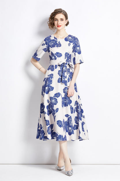 Porcelain Blue Vintage Print Waist Cinching Midi Dress-0