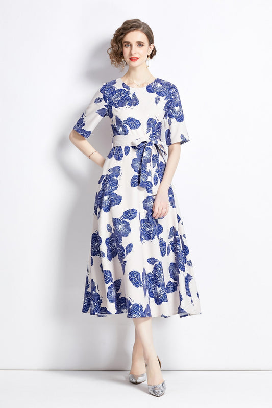 Porcelain Blue Vintage Print Waist Cinching Midi Dress-0