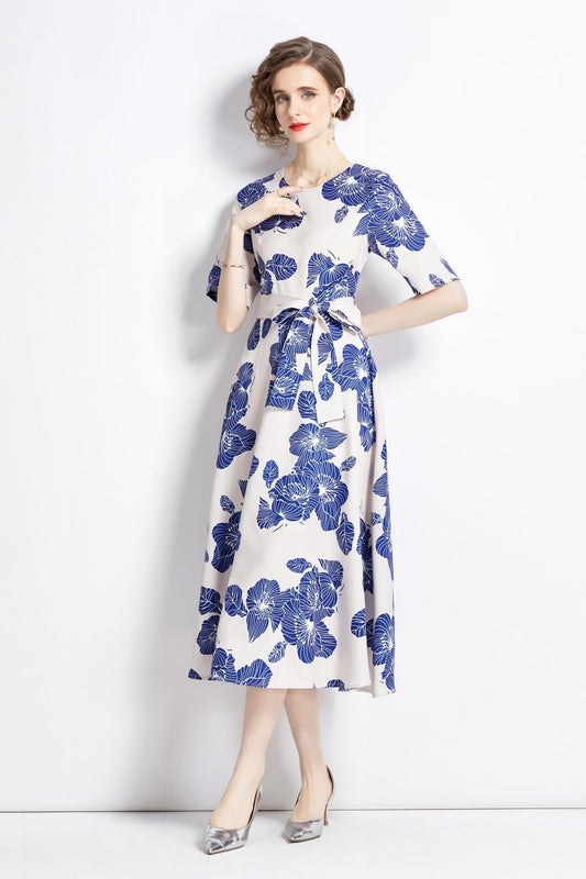 Porcelain Blue Vintage Print Waist Cinching Midi Dress-1