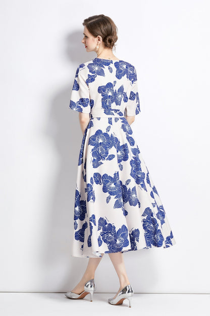 Porcelain Blue Vintage Print Waist Cinching Midi Dress-3