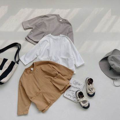 Herbst Ankunft Baby Kinder Unisex Bequeme Einfarbige Taschen Langarm Top