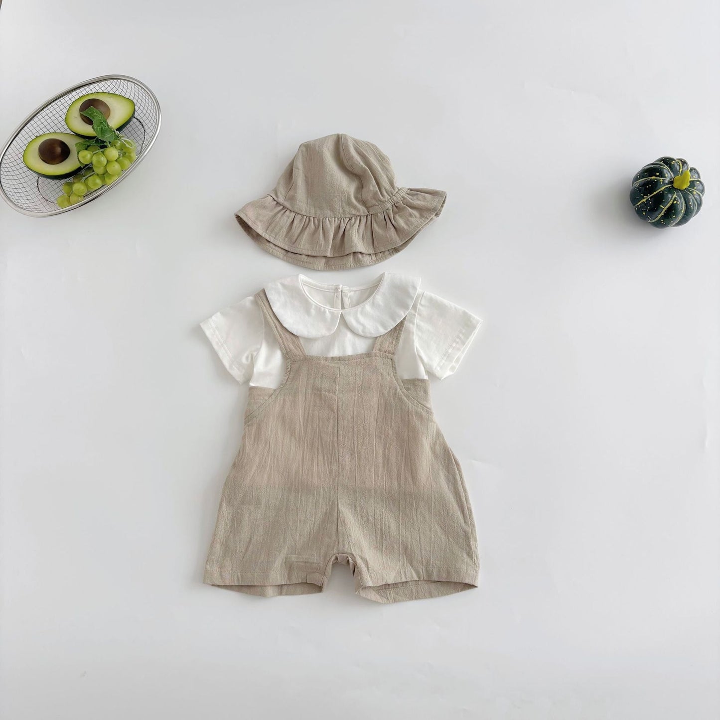 Sommer Heißer Verkauf Baby Kinder Unisex Ärmellose Einfache Plain Strap Strampler Overalls und Weiß T-Shirt Kleidung Set