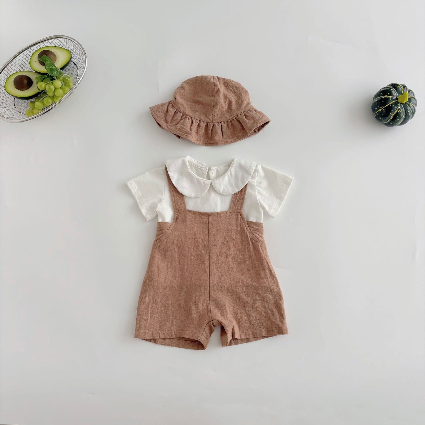 Sommer Heißer Verkauf Baby Kinder Unisex Ärmellose Einfache Plain Strap Strampler Overalls und Weiß T-Shirt Kleidung Set