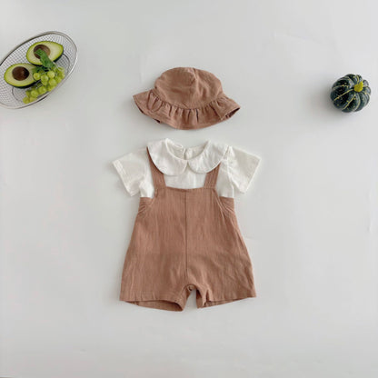 Sommer Heißer Verkauf Baby Kinder Unisex Ärmellose Einfache Plain Strap Strampler Overalls und Weiß T-Shirt Kleidung Set