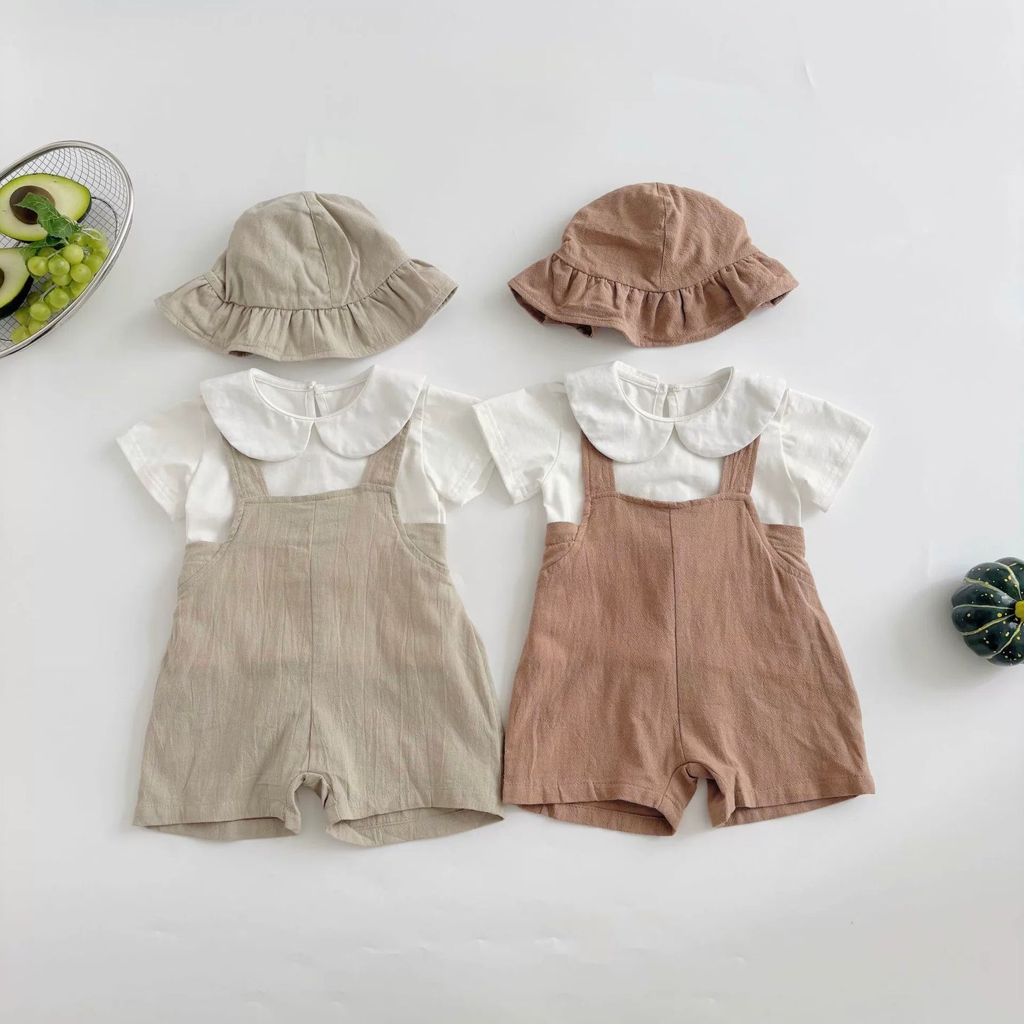 Sommer Heißer Verkauf Baby Kinder Unisex Ärmellose Einfache Plain Strap Strampler Overalls und Weiß T-Shirt Kleidung Set