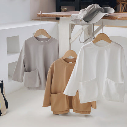 Herbst Ankunft Baby Kinder Unisex Bequeme Einfarbige Taschen Langarm Top