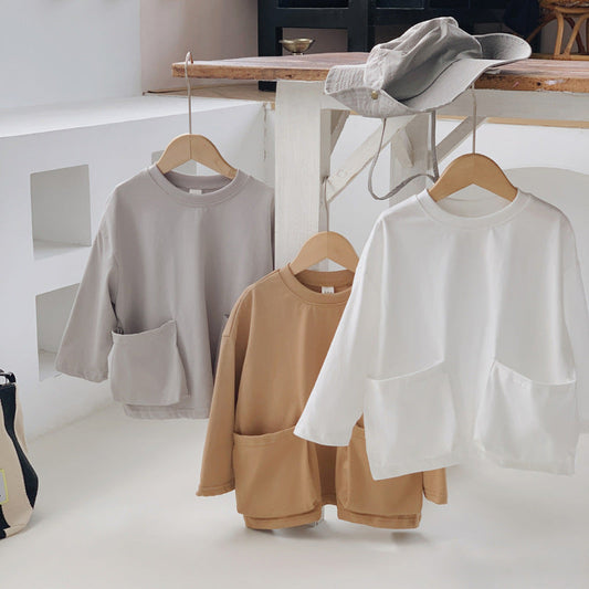 Autumn Arrival Baby Kids Unisex Comfortable Solid Color Pocketed Long Sleeves Top