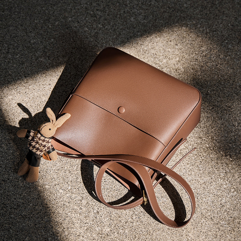 Rabbit Charm Cappuccino Crossbody Bucket Bag-3