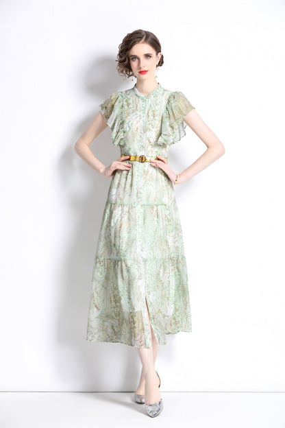 Ruffled Short Sleeve Belted Mint Green Midi Dress-0