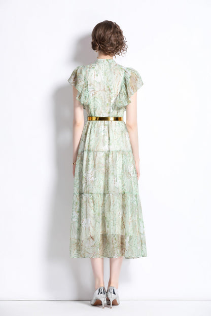 Ruffled Short Sleeve Belted Mint Green Midi Dress-3