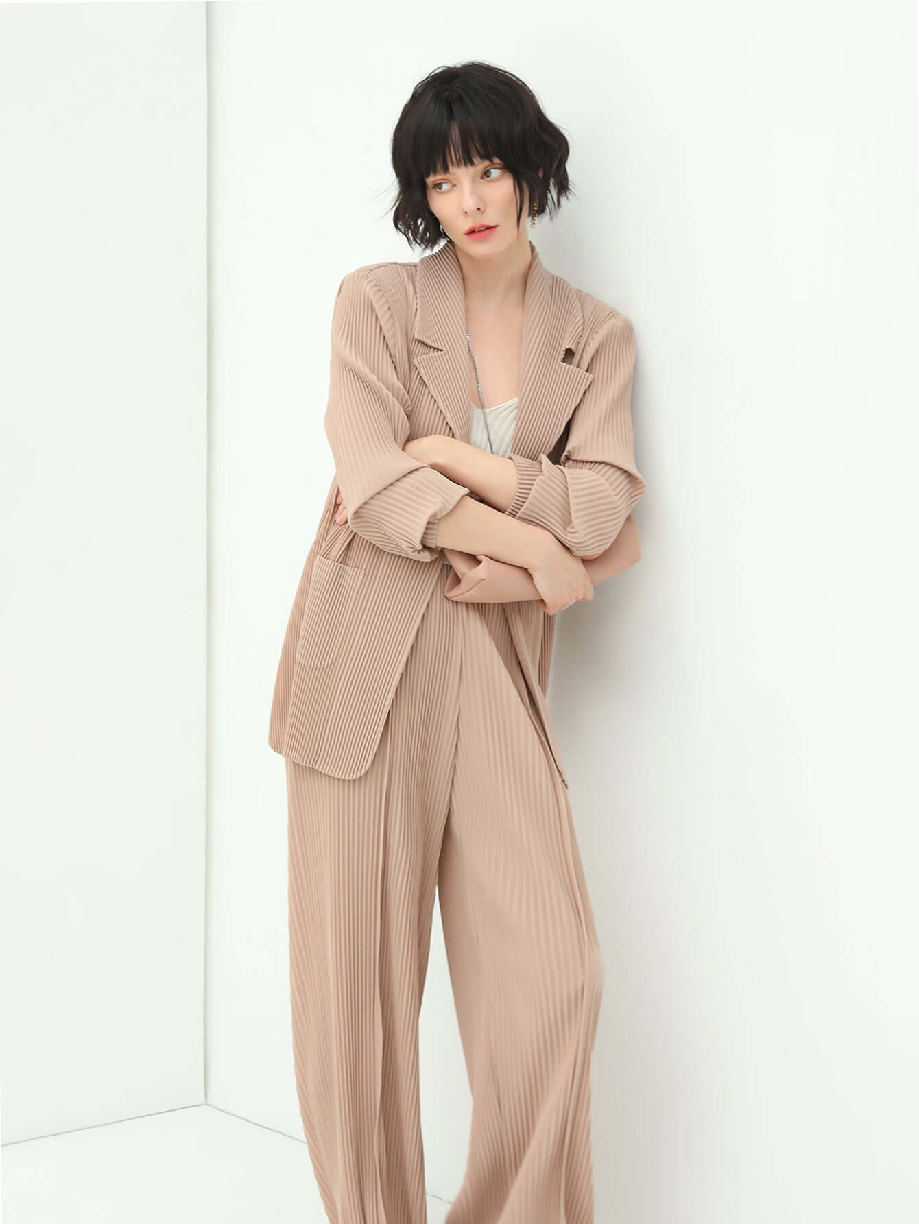 Salmon Pink Pleated Blazer-1