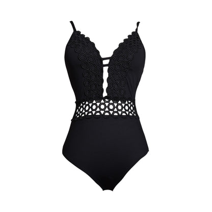 Sexy Black One Piece Textured Swimsuit with Plunging Scallop and Waist Cutouts-3