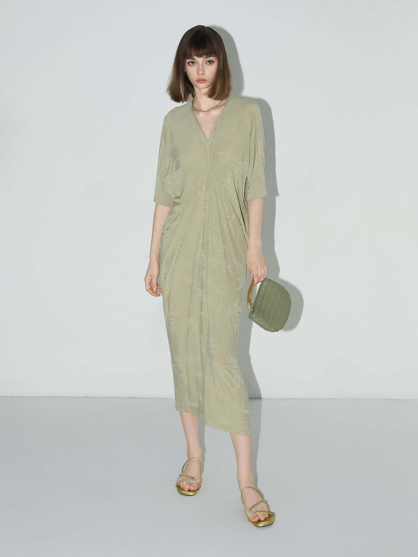 Shawl Neck Bamboo Jacquard Knit Maxi Dress-2