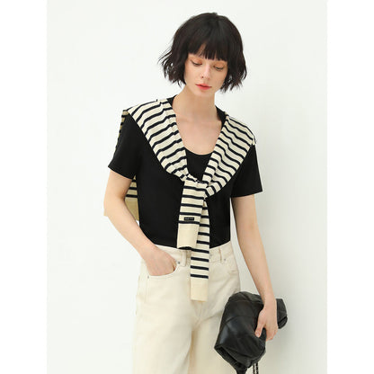 Short Sleeved Black Tee with Striped Shawl-0