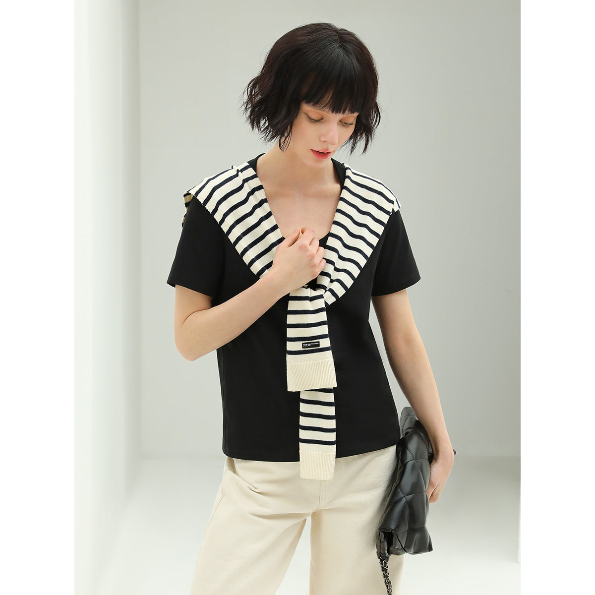 Short Sleeved Black Tee with Striped Shawl-1