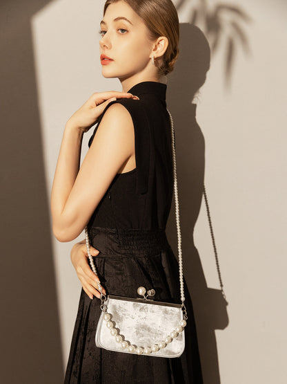 Silver Pearl Ball Clasp Top Handle Bag-4