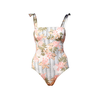 Square Neck Shoulder Tie One Piece Swimsuit-3