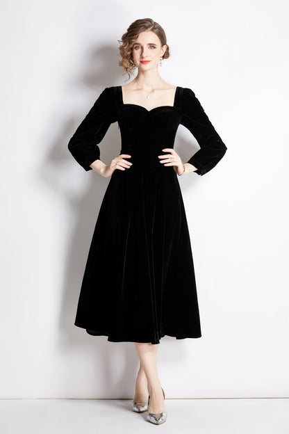 Square Sweetheart Neckline Vintage Velvet Dress-0