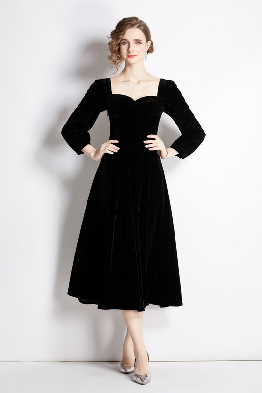 Square Sweetheart Neckline Vintage Velvet Dress-0