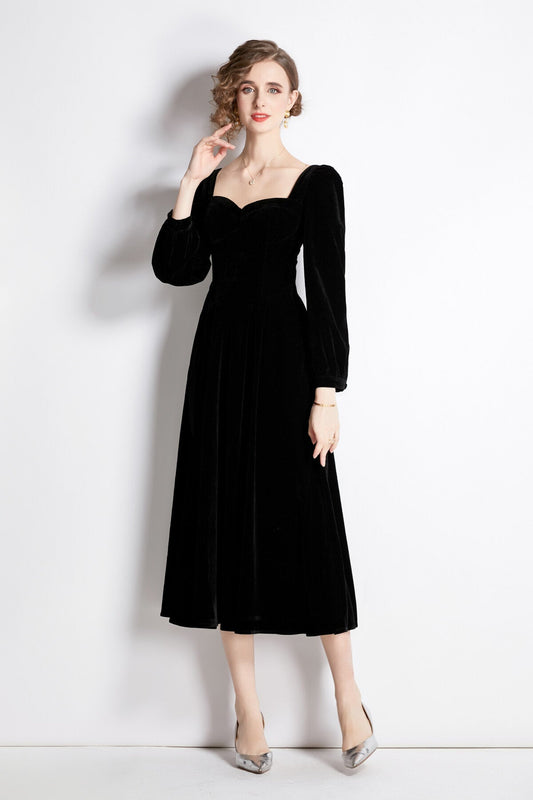 Square Sweetheart Neckline Vintage Velvet Dress-1