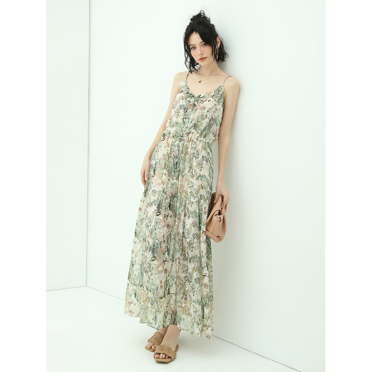 Strappy Floral Green Chiffon Maxi Dress-2