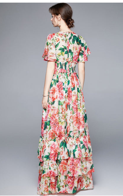 Stretchy Floral V Neck Ruffled Waist Maxi  Dress-3