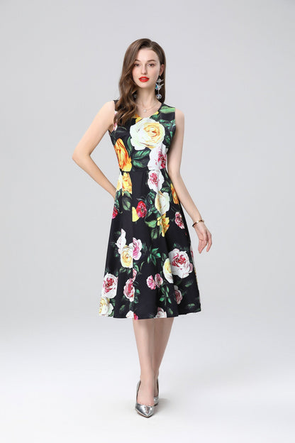 Structured A Line Floral Black Dress-2