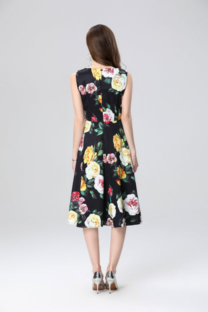 Structured A Line Floral Black Dress-3