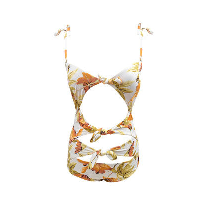 Summer Floral Swimsuit with Cascading Ribbon Cutouts-3