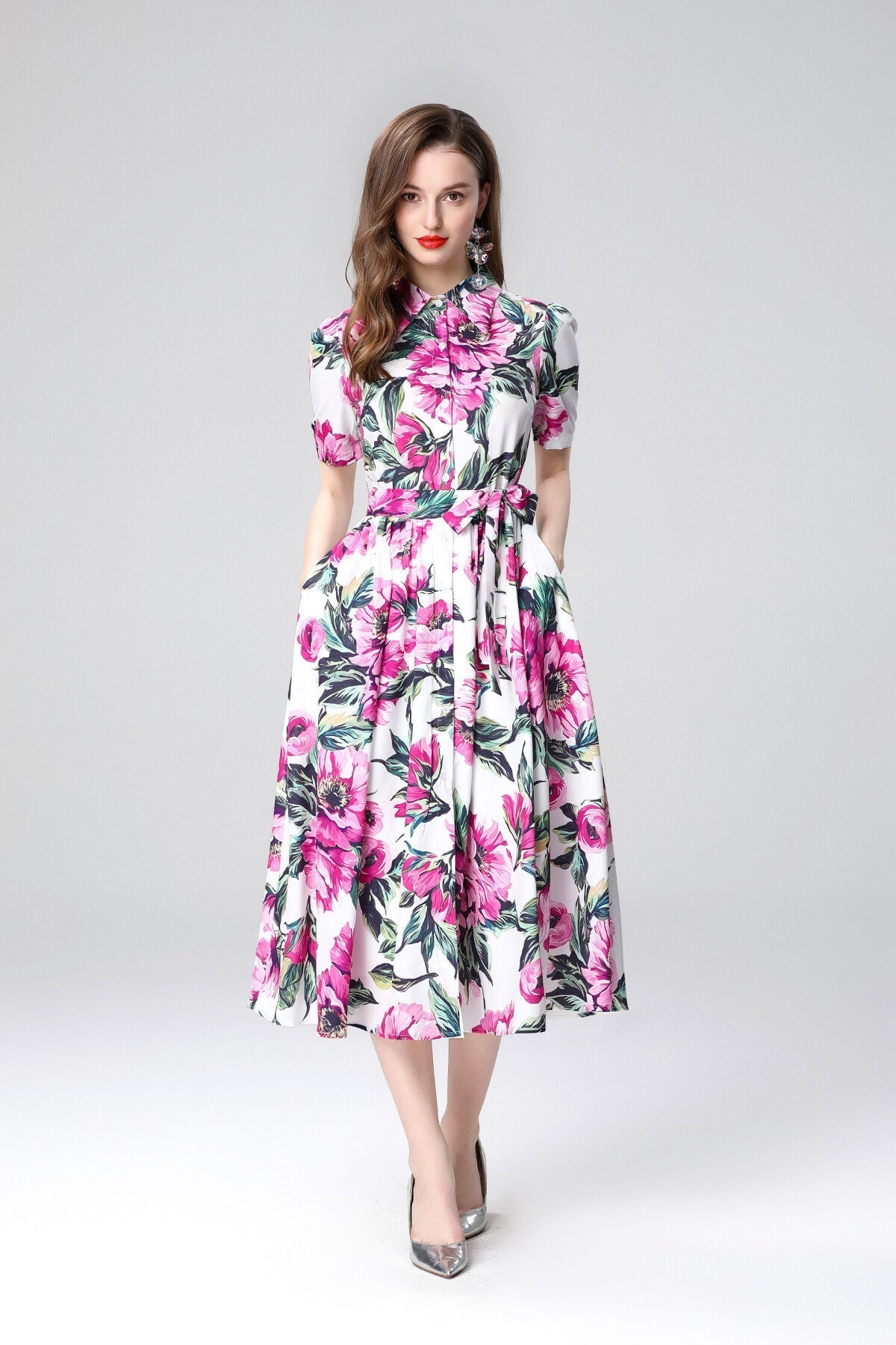 Summery Floral Midi Shirt Dress-0