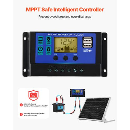 50W 12V solcellsbatteri underhållsladdare, mono solpanel batteriladdare med uppgraderad MPPT-kontroller och justerbar monteringsfäste, IP65 vattentät för bil båt husvagn hustak |  EU