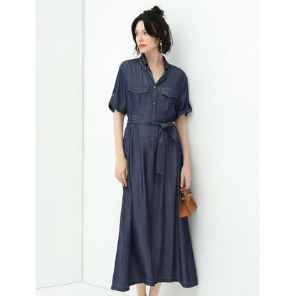 Utilitarian Belted Crêpe Navy Denim Shirt Dress-1