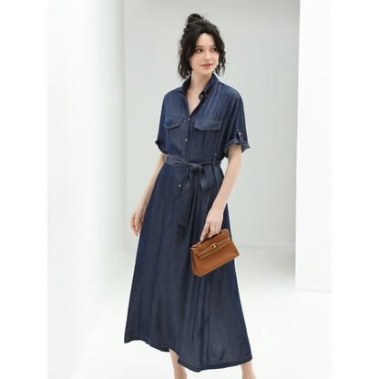 Utilitarian Belted Crêpe Navy Denim Shirt Dress-2