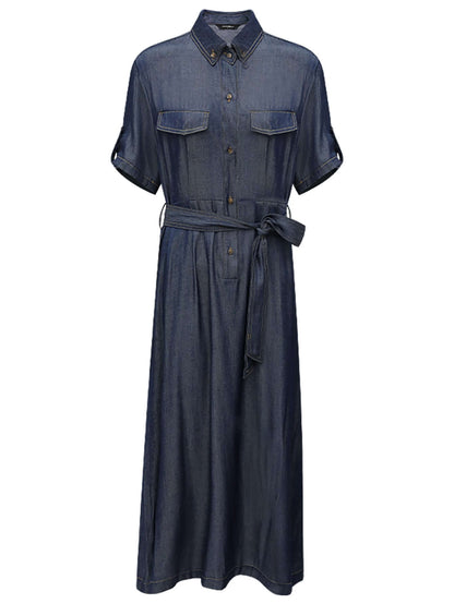 Utilitarian Belted Crêpe Navy Denim Shirt Dress-3